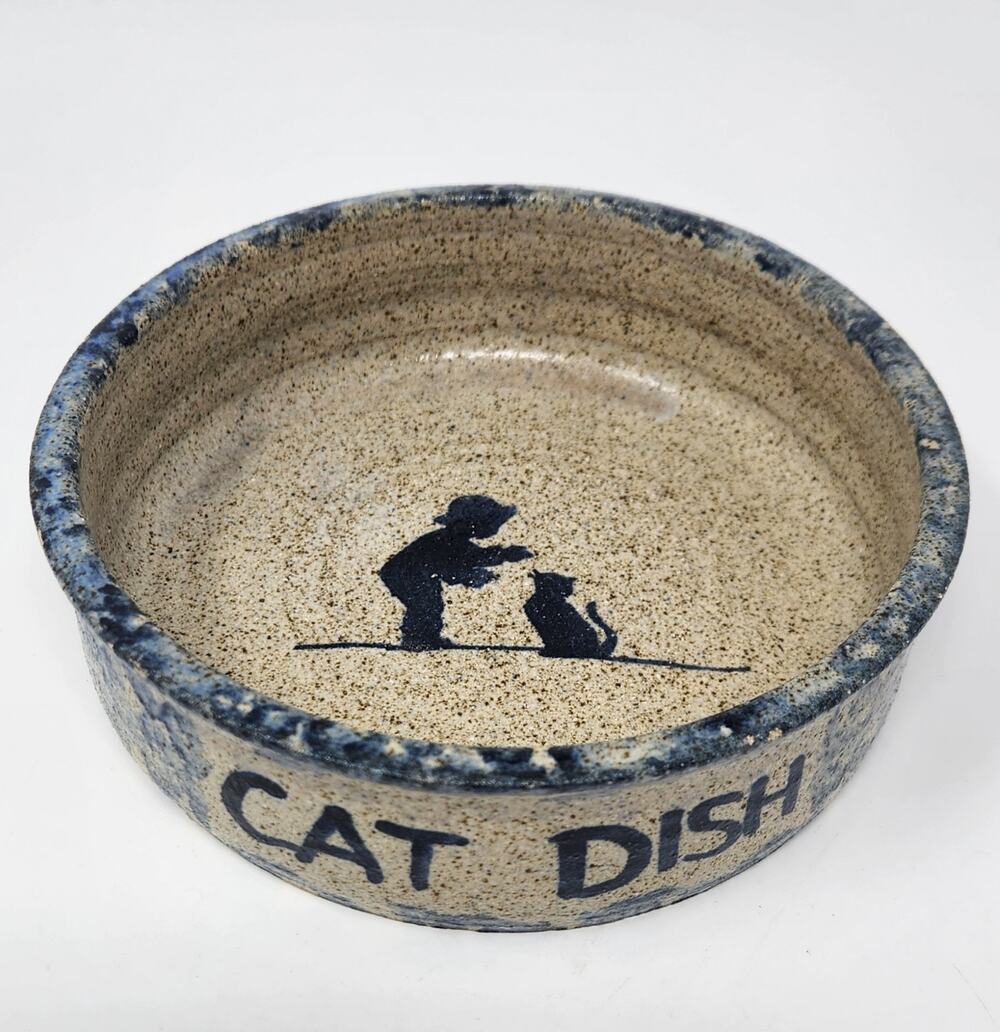 Cat Dish | Spongeware Blue Speckled Stoneware - Sugarcamp Pottery Signed